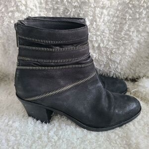 Eileen Fisher Crown Zip-Trimmed Black Leather Ankle Boot‎ sz 8
